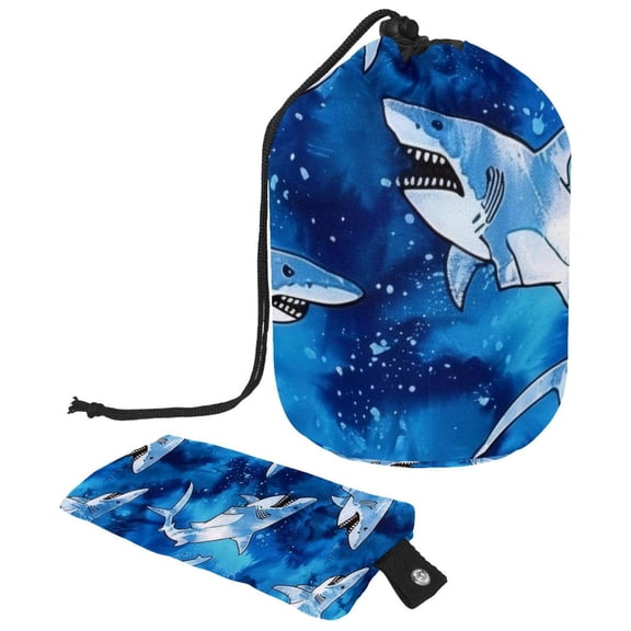 PhooArto Large Barrel Drawstring Makeup Bag, Blue Tie Dye Sharks Pattern Travel Cosmetic Bag Portable Make Up Organizer Bag