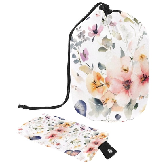 PhooArto Large Barrel Drawstring Makeup Bag, Butterflies Flowers Pattern Travel Cosmetic Bag Portable Make Up Organizer Bag