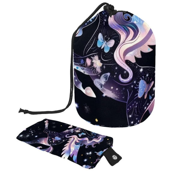 PhooArto Large Barrel Drawstring Makeup Bag, Butterflies Unicorn Pattern Travel Cosmetic Bag Portable Make Up Organizer Bag