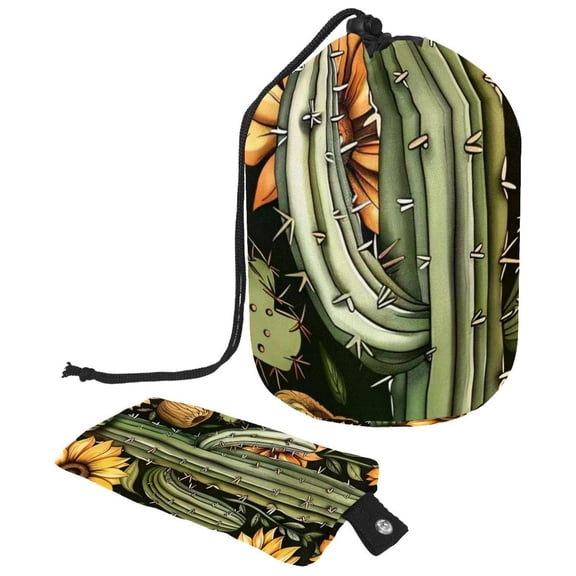 PhooArto Large Barrel Drawstring Makeup Bag, Cactu Sunflower Pattern Travel Cosmetic Bag Portable Make Up Organizer Bag