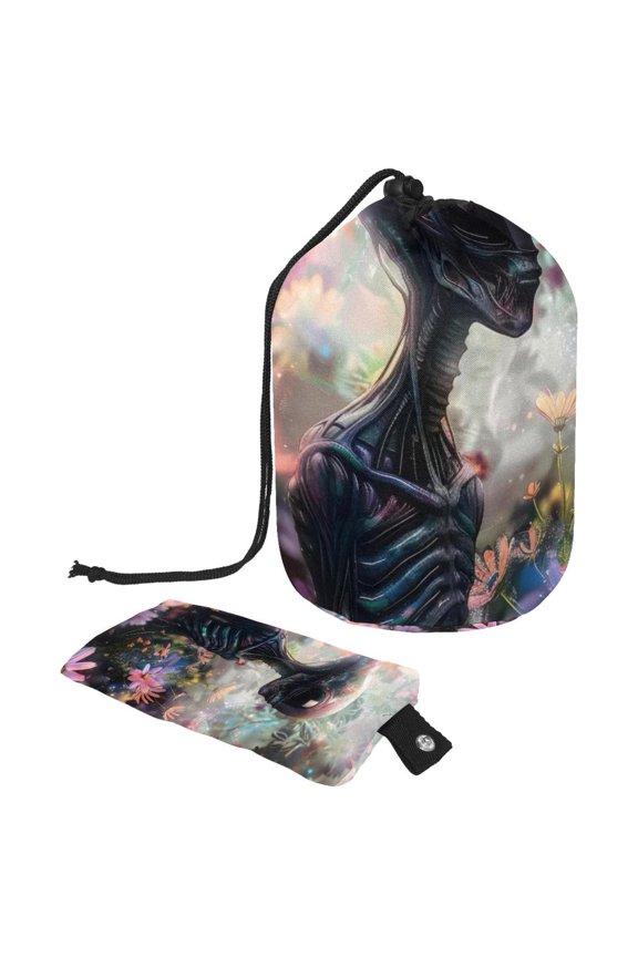 Large Barrel Drawstring Makeup Bag, Cool Alien Color Floral Travel Cosmetic Bag Portable Make Up Organizer Bag