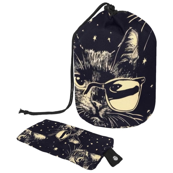 PhooArto Large Barrel Drawstring Makeup Bag, Cool Cat Glasses Pattern Travel Cosmetic Bag Portable Make Up Organizer Bag