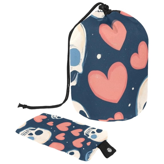 PhooArto Large Barrel Drawstring Makeup Bag, Cute Heart Skull Pattern Travel Cosmetic Bag Portable Make Up Organizer Bag