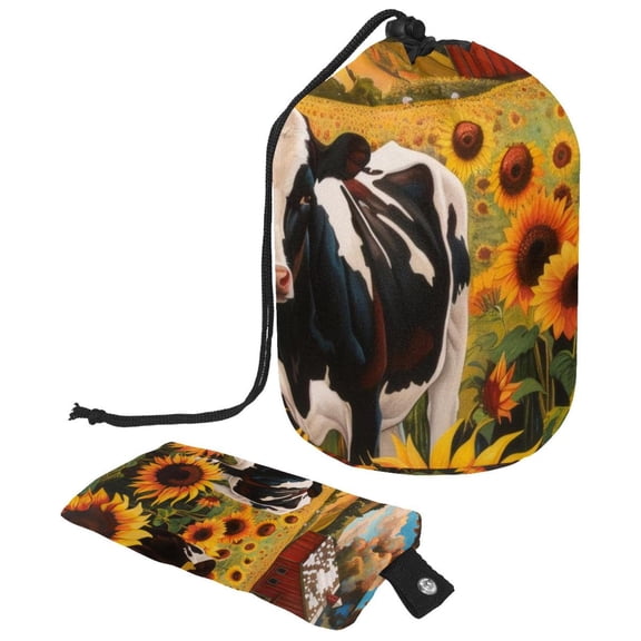 PhooArto Large Barrel Drawstring Makeup Bag, Farm Cows Sunflowers Landscape Travel Cosmetic Bag Portable Make Up Organizer Bag