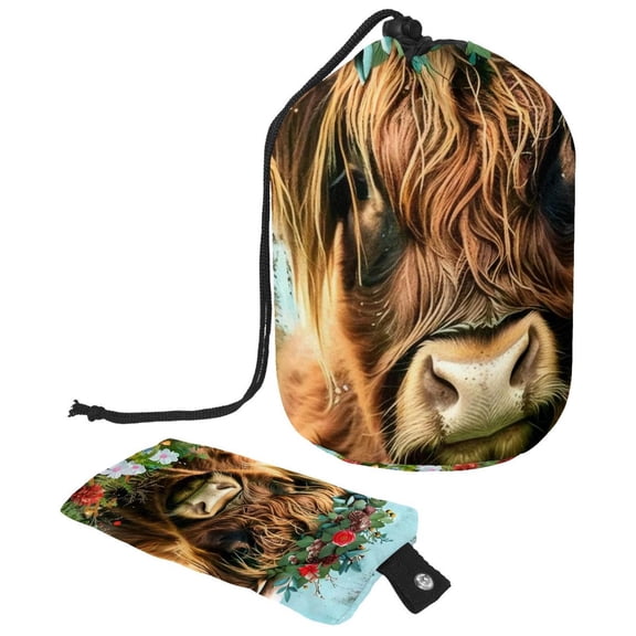 PhooArto Large Barrel Drawstring Makeup Bag, Farm Rustic Highland Cow Wreath Travel Cosmetic Bag Portable Make Up Organizer Bag