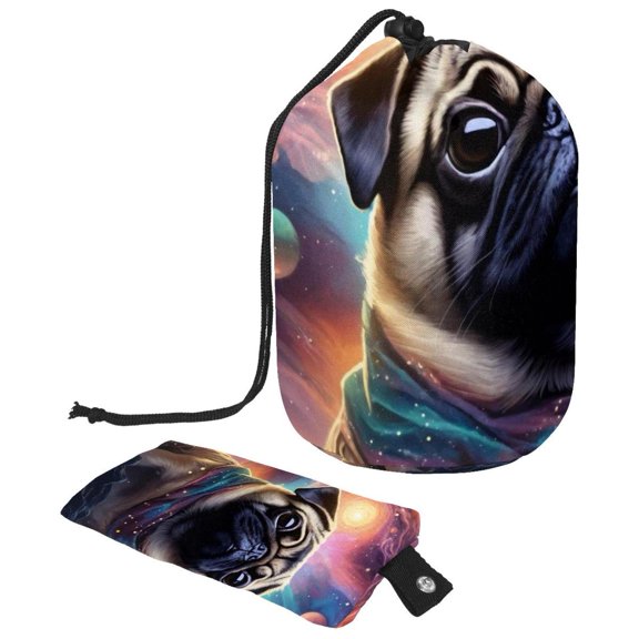 PhooArto Large Barrel Drawstring Makeup Bag, Galaxy Pug Dog Travel Cosmetic Bag Portable Make Up Organizer Bag