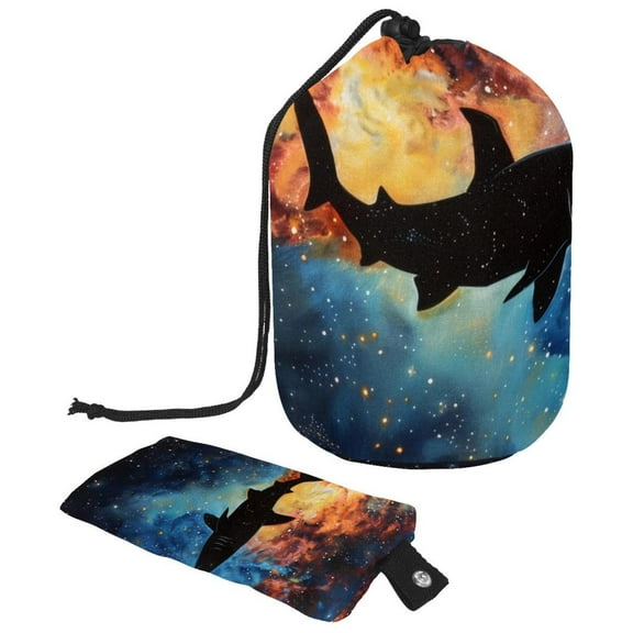 PhooArto Large Barrel Drawstring Makeup Bag, Galaxy and Black Shark Travel Cosmetic Bag Portable Make Up Organizer Bag