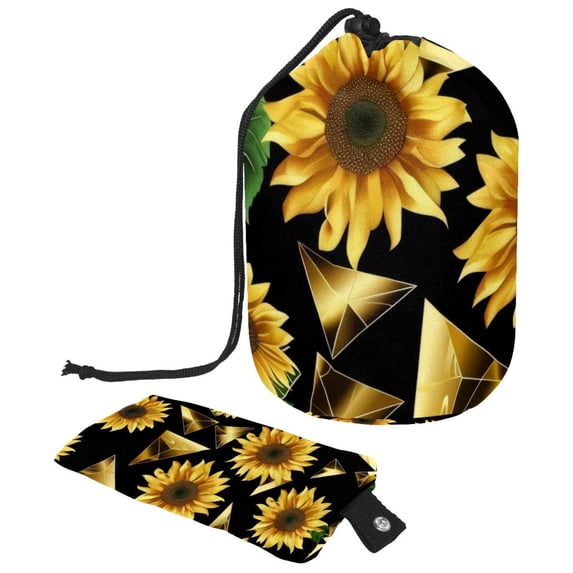 PhooArto Large Barrel Drawstring Makeup Bag, Golden Math Polygonal Sunflowers Pattern Travel Cosmetic Bag Portable Make Up Organizer Bag