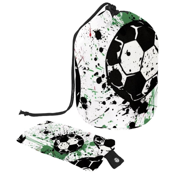 PhooArto Large Barrel Drawstring Makeup Bag, Grunge Splashes Soccer Pattern Travel Cosmetic Bag Portable Make Up Organizer Bag