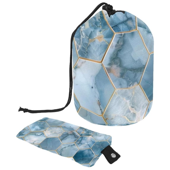 PhooArto Large Barrel Drawstring Makeup Bag, Marble Honeycomb Blue Pattern Travel Cosmetic Bag Portable Make Up Organizer Bag