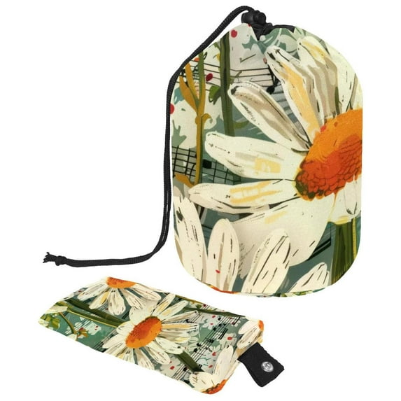 PhooArto Large Barrel Drawstring Makeup Bag, Music Notes Daisy Pattern Travel Cosmetic Bag Portable Make Up Organizer Bag