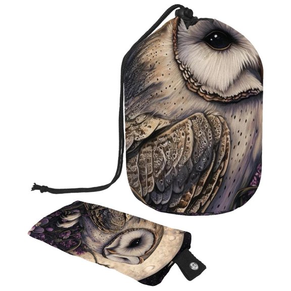 PhooArto Large Barrel Drawstring Makeup Bag, Owl Purple Flowers and Moon Travel Cosmetic Bag Portable Make Up Organizer Bag