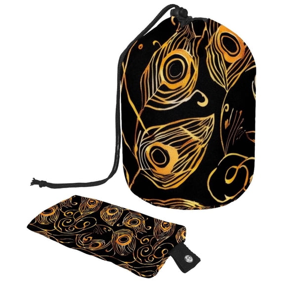 PhooArto Large Barrel Drawstring Makeup Bag, Peacock Feather Golden Pattern Travel Cosmetic Bag Portable Make Up Organizer Bag
