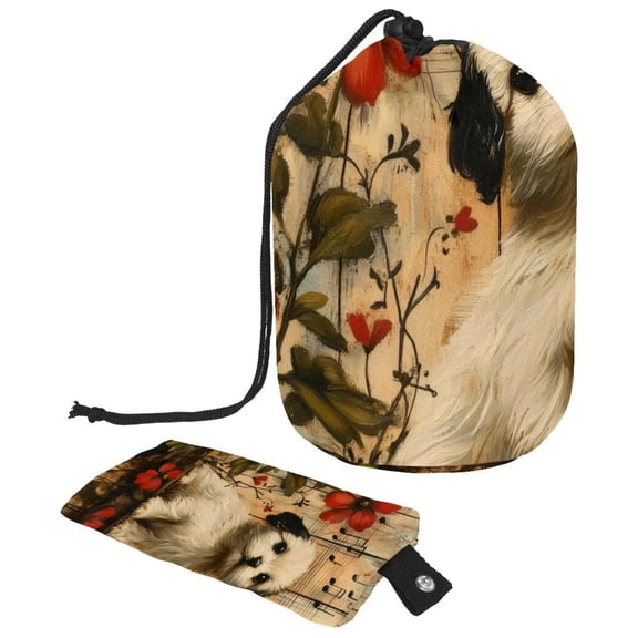 PhooArto Large Barrel Drawstring Makeup Bag, Puppy Flowers Music Travel Cosmetic Bag Portable Make Up Organizer Bag