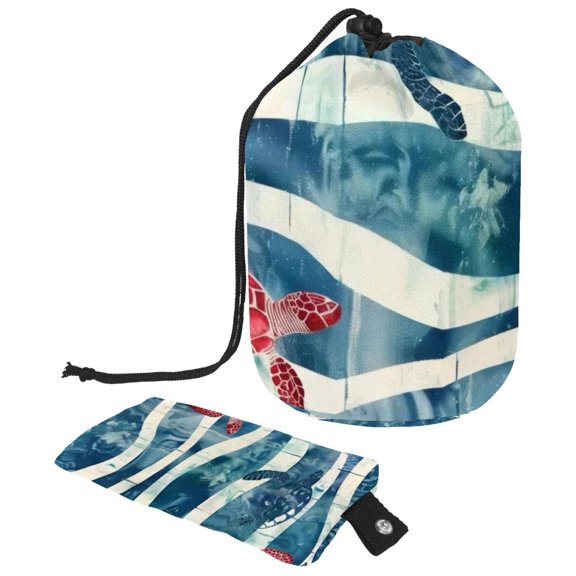 PhooArto Large Barrel Drawstring Makeup Bag, Red Turtles on Wave Stripe Travel Cosmetic Bag Portable Make Up Organizer Bag