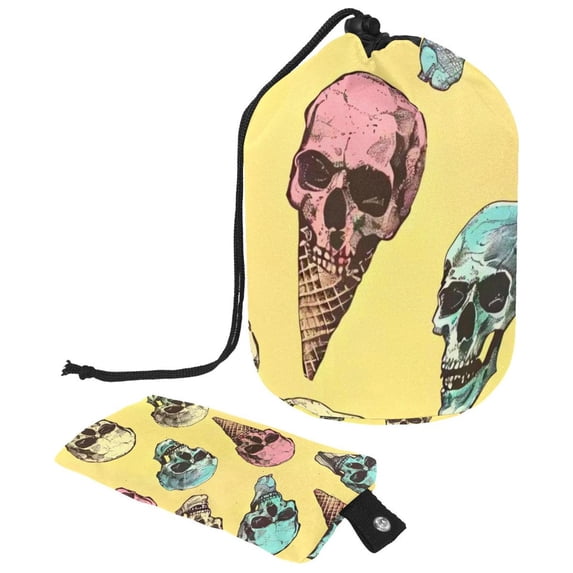PhooArto Large Barrel Drawstring Makeup Bag, Skull Ice Cream Pattern Travel Cosmetic Bag Portable Make Up Organizer Bag
