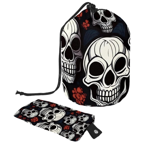 PhooArto Large Barrel Drawstring Makeup Bag, Skulls Head Pattern Travel Cosmetic Bag Portable Make Up Organizer Bag