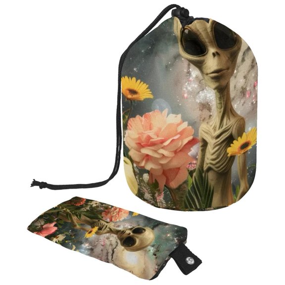 PhooArto Large Barrel Drawstring Makeup Bag, Space Alien Flowers Travel Cosmetic Bag Portable Make Up Organizer Bag