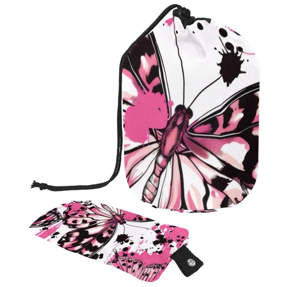 PhooArto Large Barrel Drawstring Makeup Bag, Splash Pink Butterfly Pattern Travel Cosmetic Bag Portable Make Up Organizer Bag
