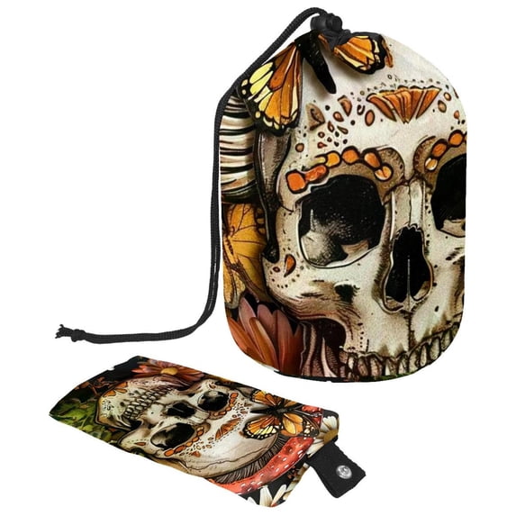 PhooArto Large Barrel Drawstring Makeup Bag, Sugar Skull Daisy Flowers Travel Cosmetic Bag Portable Make Up Organizer Bag