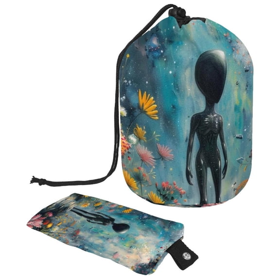 PhooArto Large Barrel Drawstring Makeup Bag, Vintage Alien Floral Galaxy Travel Cosmetic Bag Portable Make Up Organizer Bag