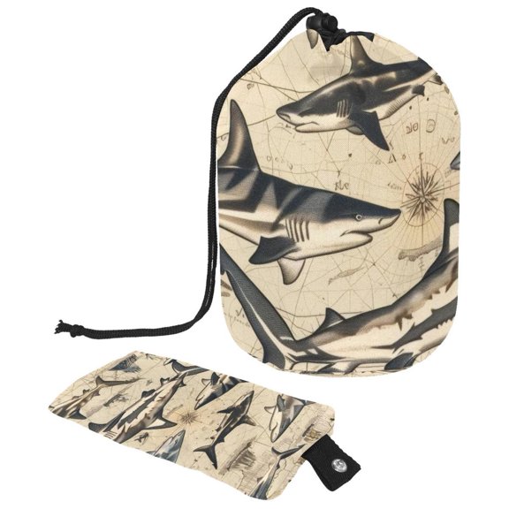PhooArto Large Barrel Drawstring Makeup Bag, Vintage Map Sharks Pattern Travel Cosmetic Bag Portable Make Up Organizer Bag