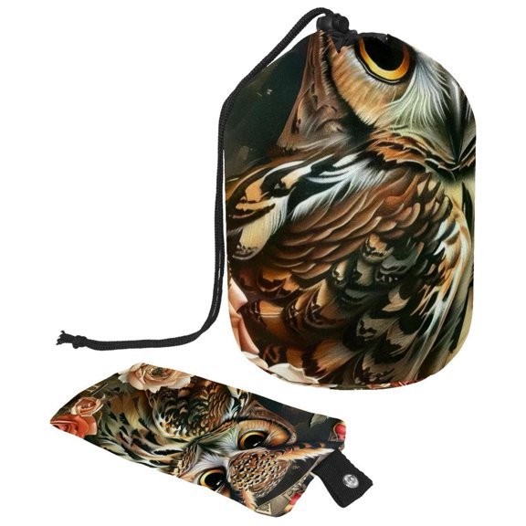 PhooArto Large Barrel Drawstring Makeup Bag, Vintage Owl Flowers Travel Cosmetic Bag Portable Make Up Organizer Bag