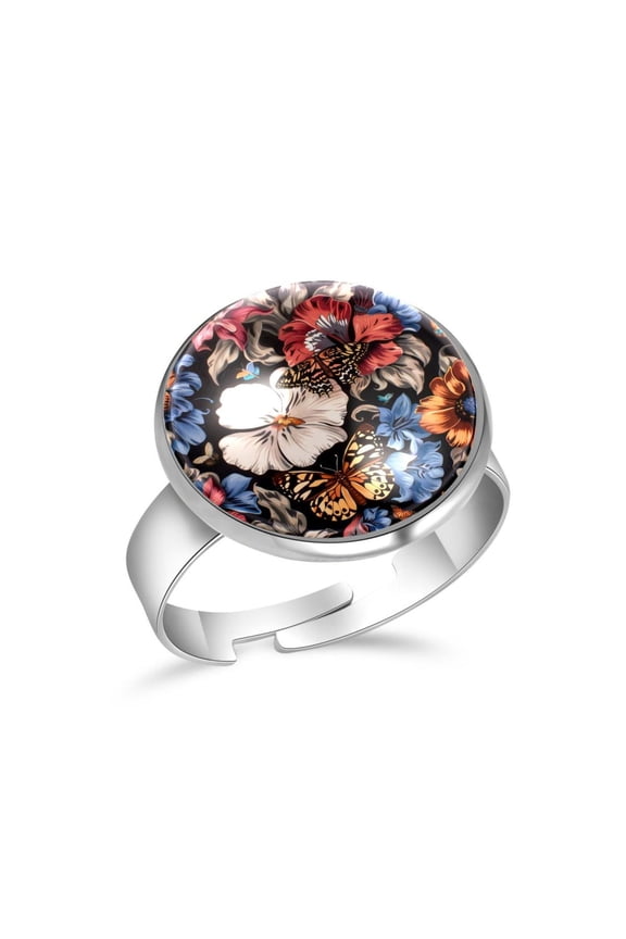 Leopard Butterfly Flowers Stainless Steel Rings for Women, Open Adjustable Ring Promise Ring Jewelry Gifts