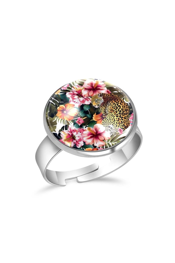 Leopard Flower Tropical Pattern Stainless Steel Rings for Women, Open Adjustable Ring Promise Ring Jewelry Gifts