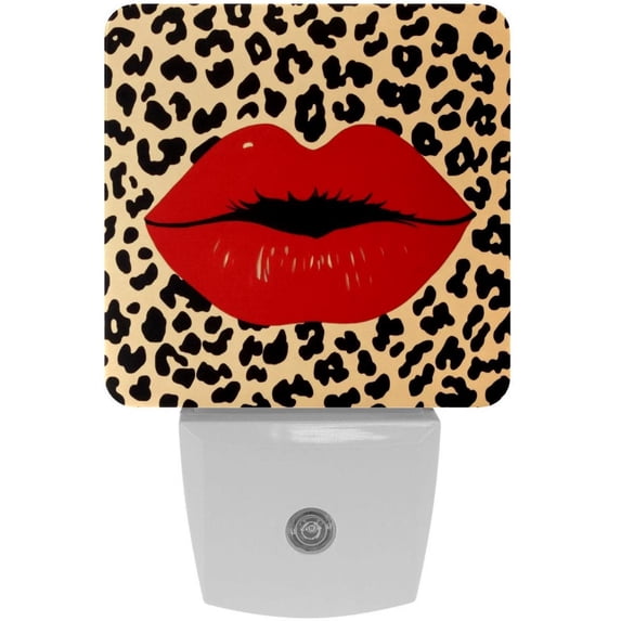 PhooArto Leopard Print and Red Lips Plug in LED Night Light Auto Sensor Dusk to Dawn Decorative Night for Bedroom, Bathroom, Kitchen, Hallway, Stairs, Baby's Room, Energy Saving
