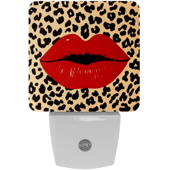 PhooArto Leopard Print and Red Lips Plug in LED Night Light Auto Sensor Dusk to Dawn Decorative Night for Bedroom, Bathroom, Kitchen, Hallway, Stairs, Baby's Room, Energy Saving