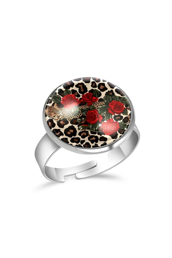 Leopard Red Roses Print Stainless Steel Rings for Women, Open Adjustable Ring Promise Ring Jewelry Gifts