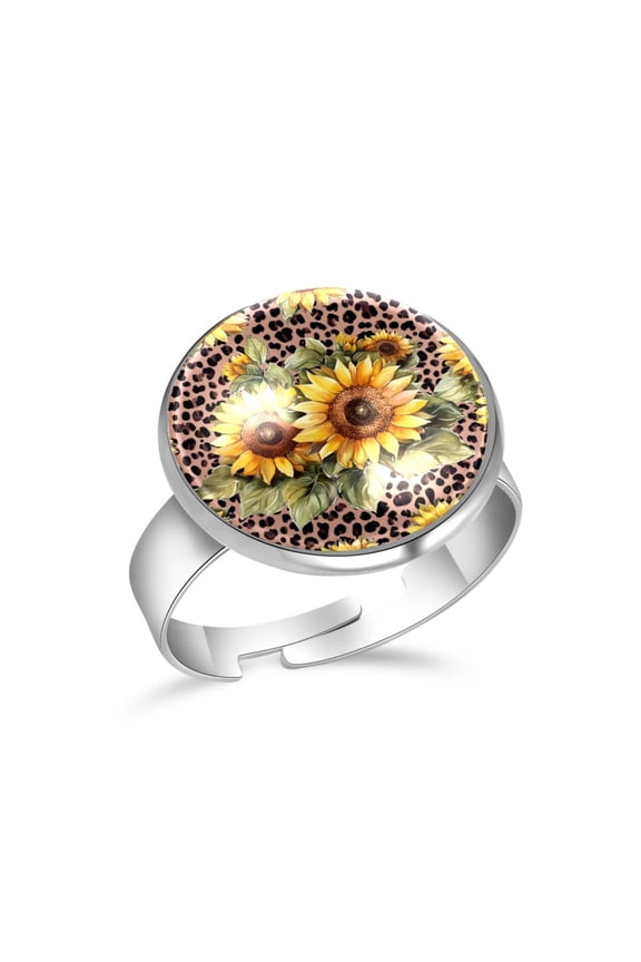 Leopard Sunflower Pattern Stainless Steel Rings for Women, Open Adjustable Ring Promise Ring Jewelry Gifts