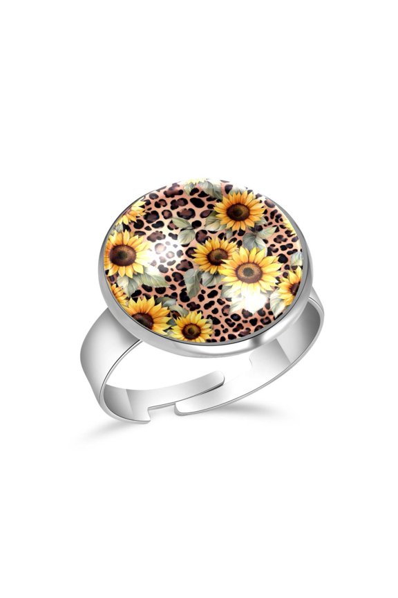 Leopard Sunflowers Pattern Stainless Steel Rings for Women, Open Adjustable Ring Promise Ring Jewelry Gifts