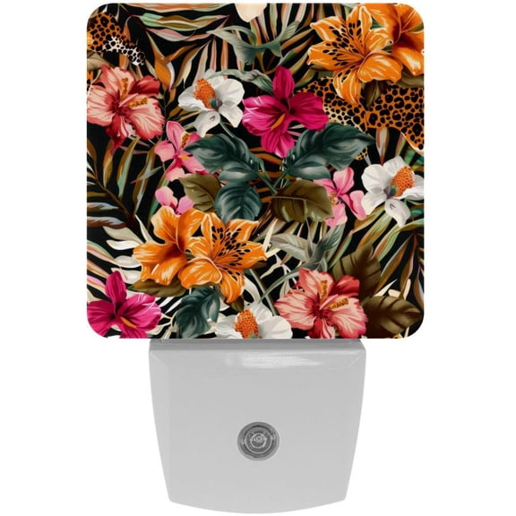 PhooArto Leopard Tropical Flower Pattern Plug in LED Night Light Auto Sensor Dusk to Dawn Decorative Night for Bedroom, Bathroom, Kitchen, Hallway, Stairs, Baby's Room, Energy Saving