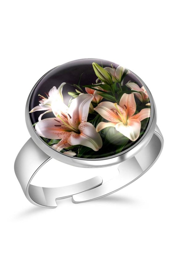 Lily Flowers Blossom Stainless Steel Rings for Women, Open Adjustable Ring Promise Ring Jewelry Gifts