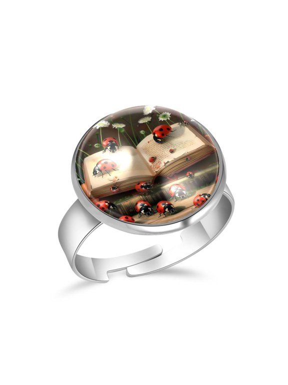 Little Daisy Book Ladybugs Stainless Steel Rings for Women, Open Adjustable Ring Promise Ring Jewelry Gifts