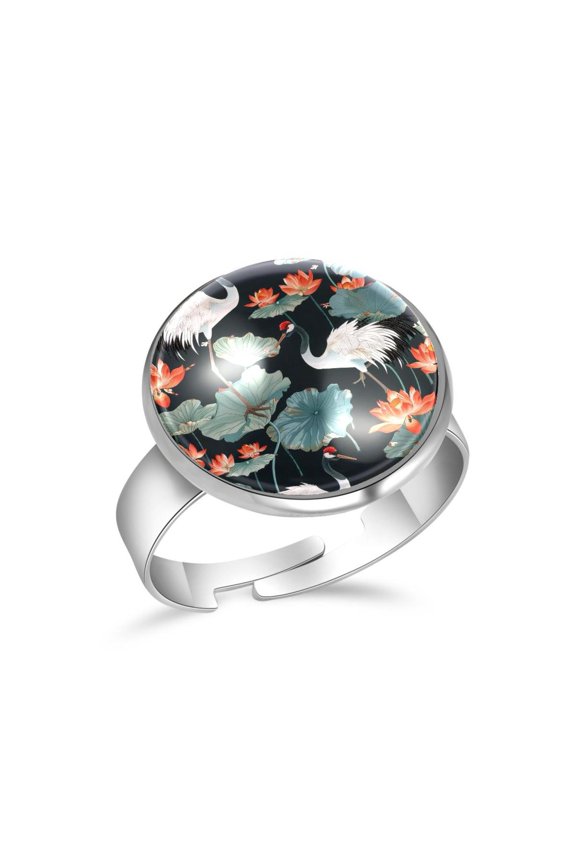 Lotuses and Cranes Pattern Stainless Steel Rings for Women, Open Adjustable Ring Promise Ring Jewelry Gifts