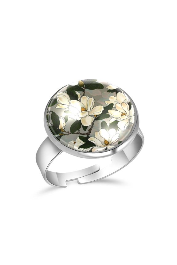 Magnolias Flower Pattern Stainless Steel Rings for Women, Open Adjustable Ring Promise Ring Jewelry Gifts