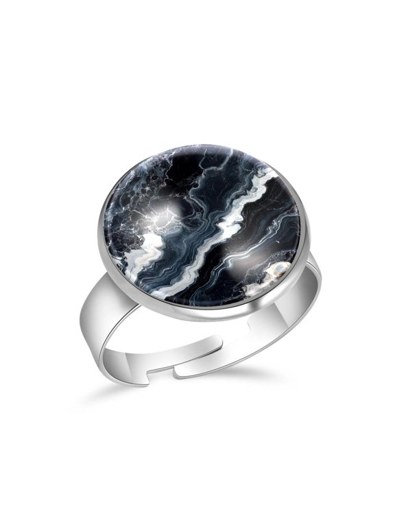 Marble Black Print Stainless Steel Rings for Women, Open Adjustable Ring Promise Ring Jewelry Gifts