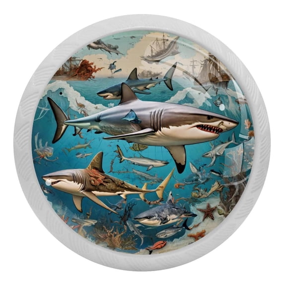 PhooArto Marine Shark Vintage Map 4 PCS Crystal Glass Cabinet Knobs, Drawer Kitchen Cabinets Dresser Cupboard Wardrobe Pulls Handle - Glowing in the Dark