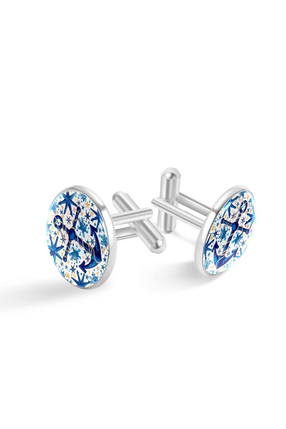 Men's Classic Stainless Steel, Blue Anchor Compass Pattern Cufflinks Business Wedding Shirts, Silver