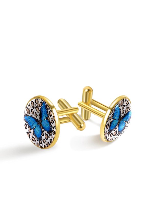 Men's Classic Stainless Steel, Blue Butterfly and Leopard Print Cufflinks Business Wedding Shirts, Golden