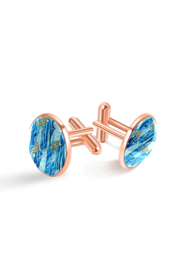 Men's Classic Stainless Steel, Blue Wave Stripe Turtles Pattern Cufflinks Business Wedding Shirts, Rose Gold