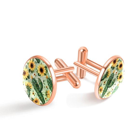 PhooArto Men's Classic Stainless Steel, Cactus Sunflowers Pattern Cufflinks Business Wedding Shirts, Rose Gold