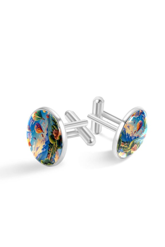 Men's Classic Stainless Steel, Color Hot Air Balloons Painting Cufflinks Business Wedding Shirts, Silver