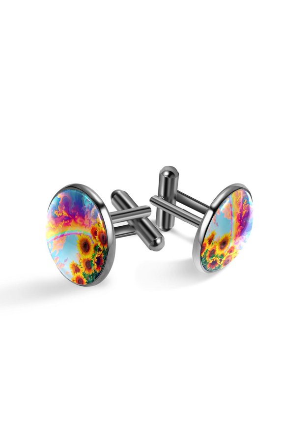 Men's Classic Stainless Steel, Color Rainbow and Sunflowers Cufflinks Business Wedding Shirts, Black