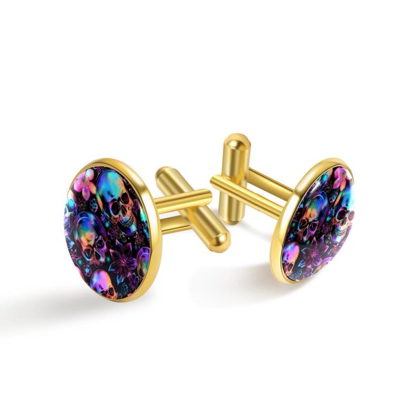 PhooArto Men's Classic Stainless Steel, Colorful Neon Skull Flower Cufflinks Business Wedding Shirts, Golden