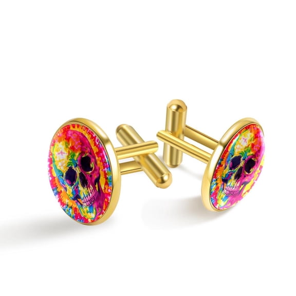 PhooArto Men's Classic Stainless Steel, Colorful Tie Dye Skull Pattern Cufflinks Business Wedding Shirts, Golden