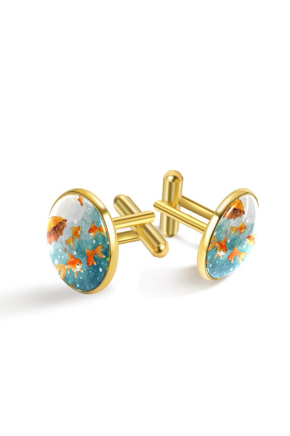 Men's Classic Stainless Steel, Cute Goldfish Raining Cufflinks Business Wedding Shirts, Golden